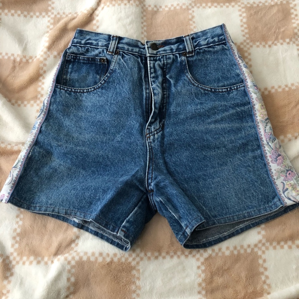 Homemade vintage Blue and Pink Jean Shorts with High-Waisted Relaxed Fit